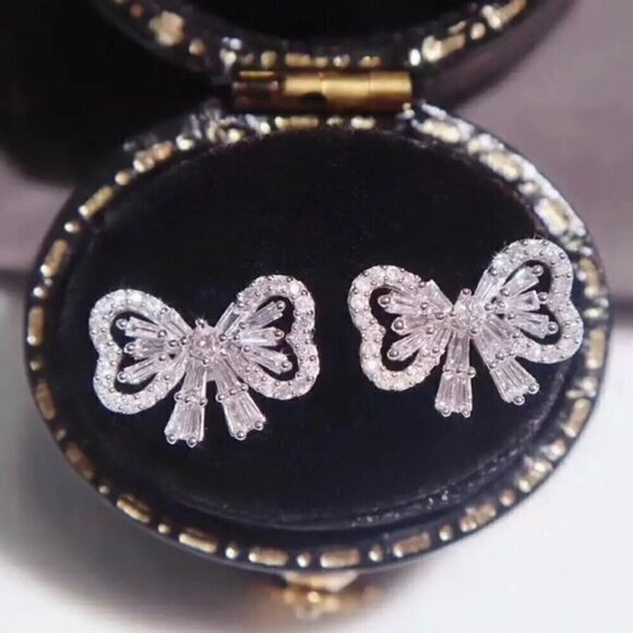 New 14K White Gold Plated Delicate Women’s CZ Pave Bow Stud Earrings - Picture 1 of 11